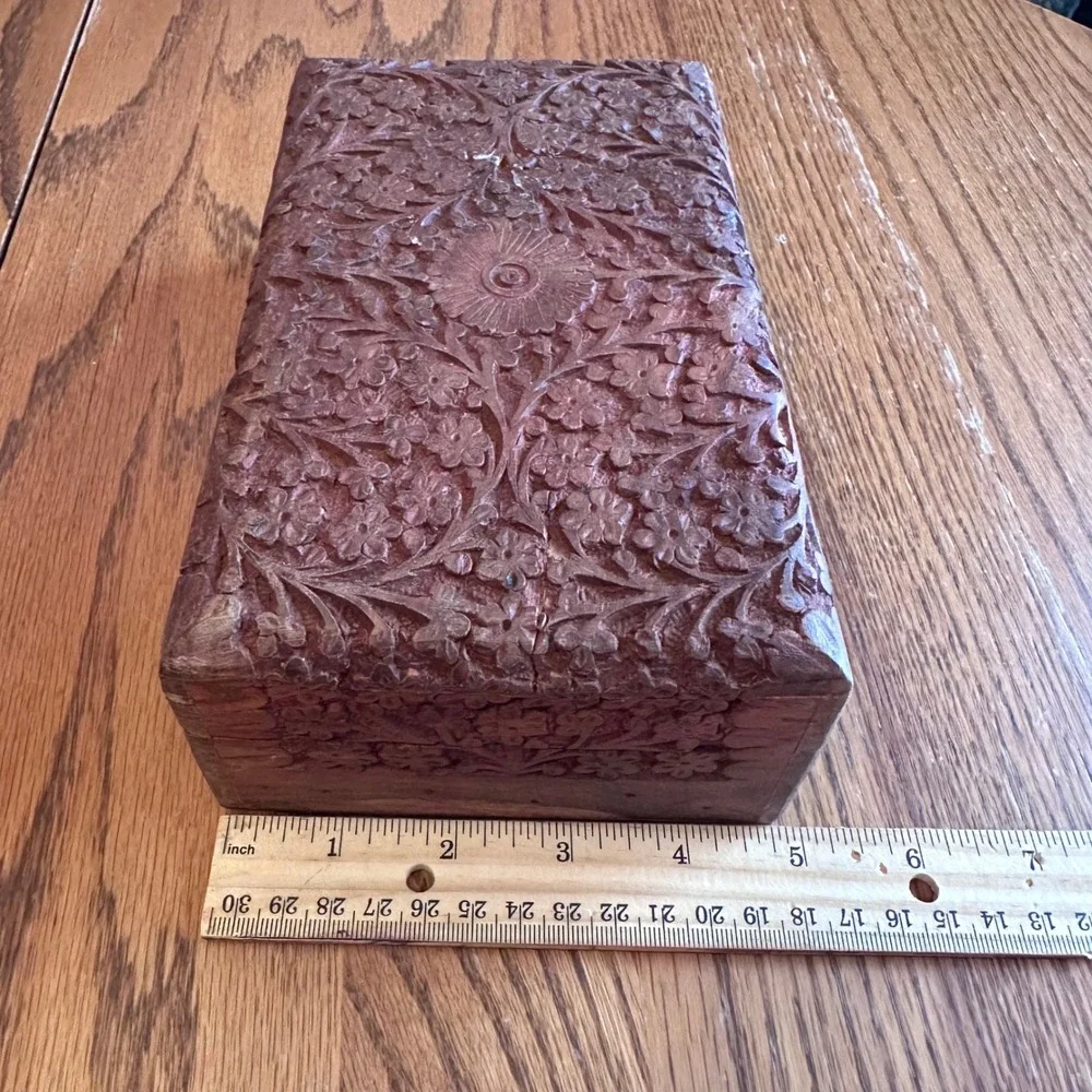 Hand Carved Wood Trinket Box Set 2pc Brown Floral Vine Decor